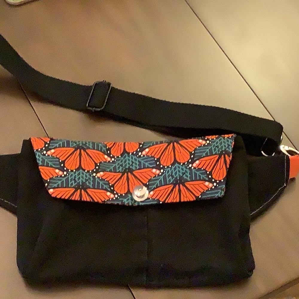 Hand made ! Black jean upcycled Bag with Orange Butterfly Print crossbody